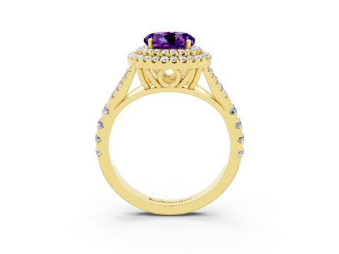 Yellow gold Double Halo Round Cut Amethyst Split Shank Engagement Ring with Four-Prong Setting_3