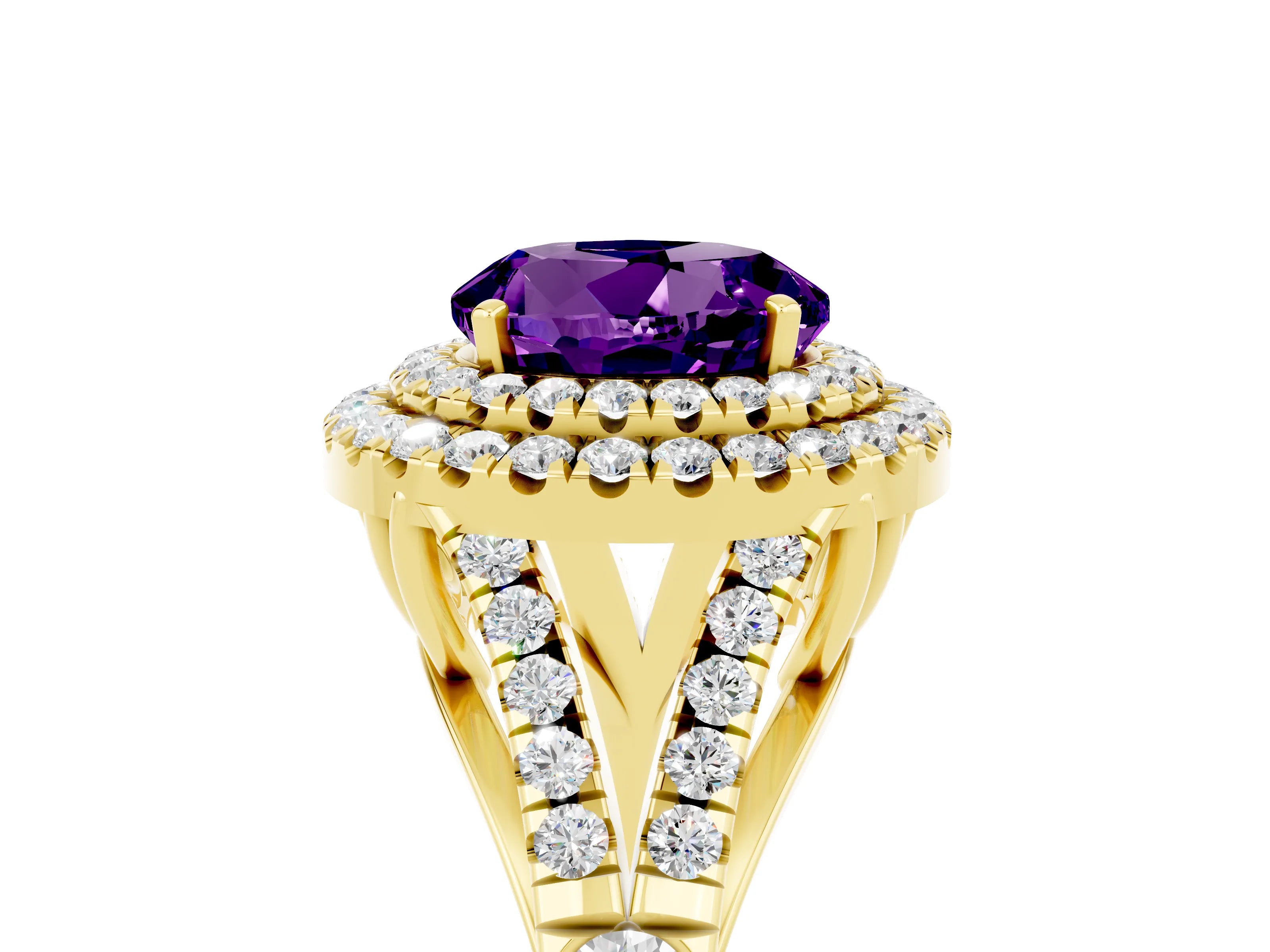 Yellow gold Double Halo Round Cut Amethyst Split Shank Engagement Ring with Four-Prong Setting_5