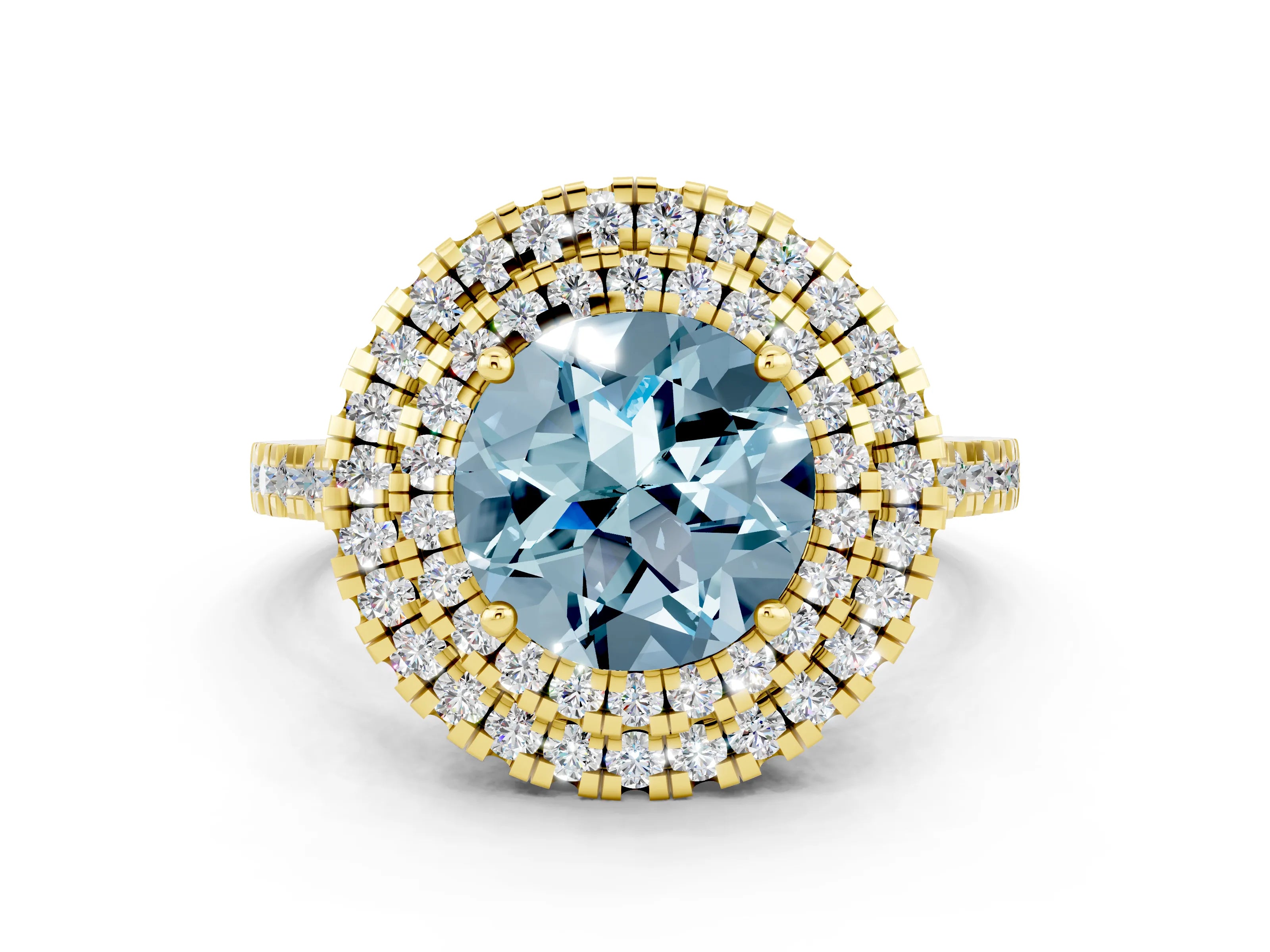 Yellow gold Double Halo Round Cut Aquamarine Pavé Band with Four-Prong Setting