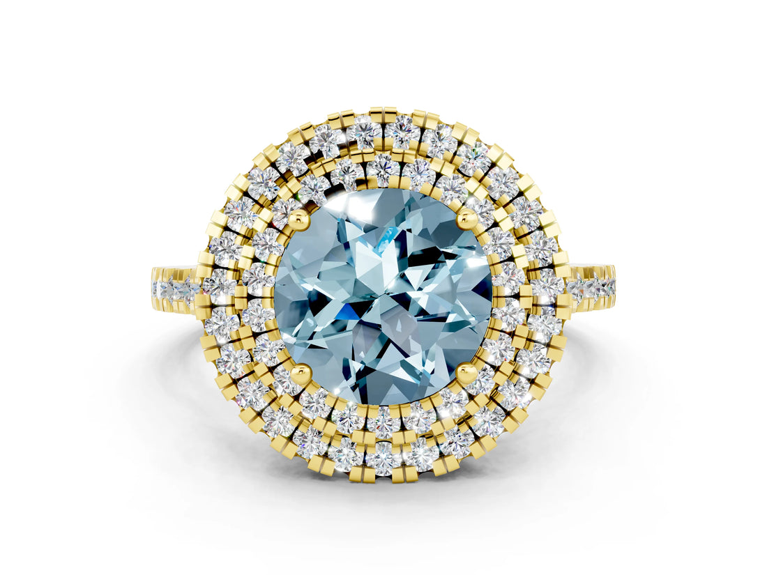 Yellow gold Double Halo Round Cut Aquamarine Pavé Band with Four-Prong Setting