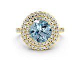 Yellow gold Double Halo Round Cut Aquamarine Pavé Band with Four-Prong Setting