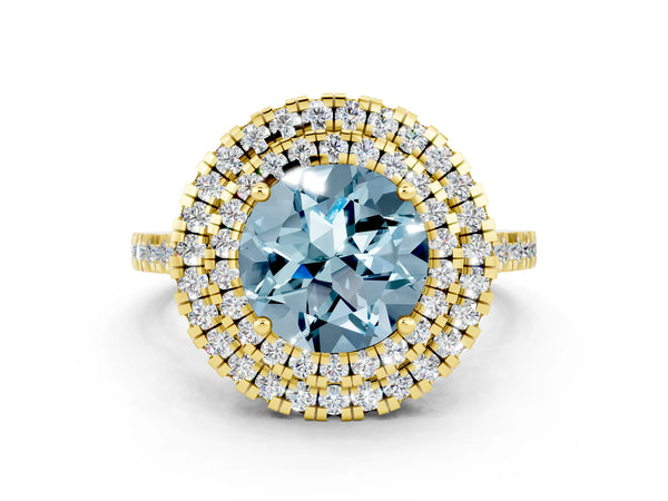 Yellow gold Double Halo Round Cut Aquamarine Pavé Band with Four-Prong Setting