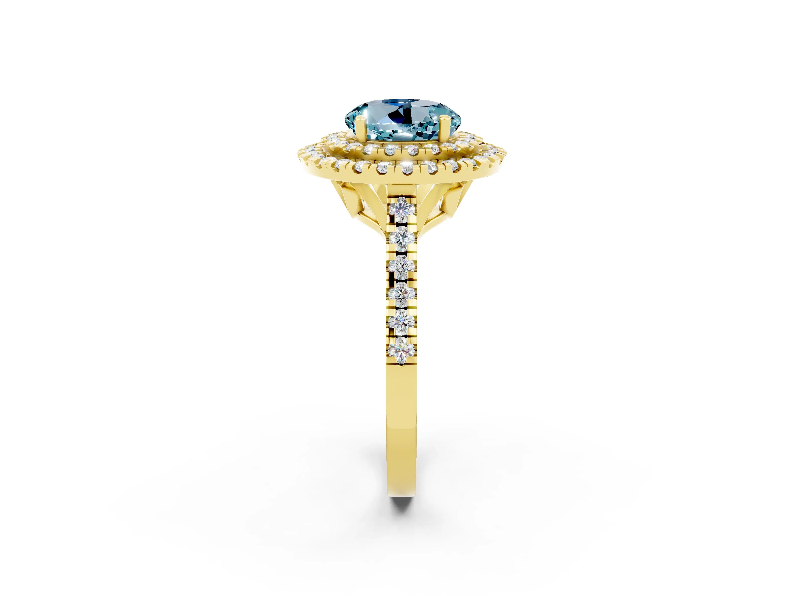Yellow gold Double Halo Round Cut Aquamarine Pavé Band with Four-Prong Setting_2
