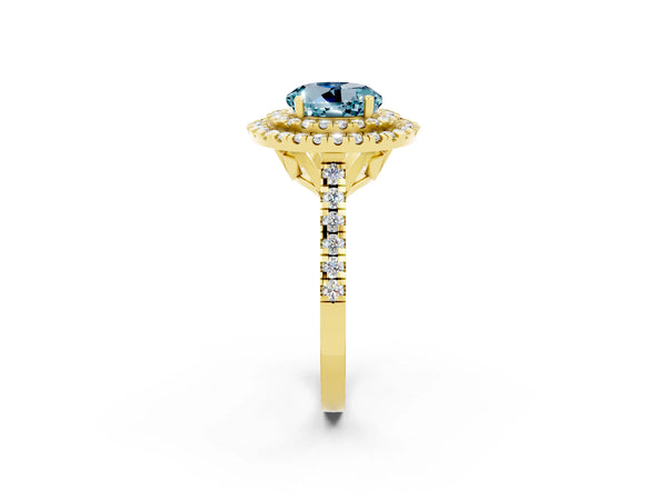Yellow gold Double Halo Round Cut Aquamarine Pavé Band with Four-Prong Setting