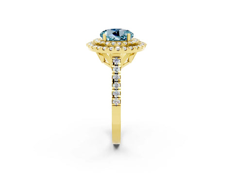 Yellow gold Double Halo Round Cut Aquamarine Pavé Band with Four-Prong Setting_2