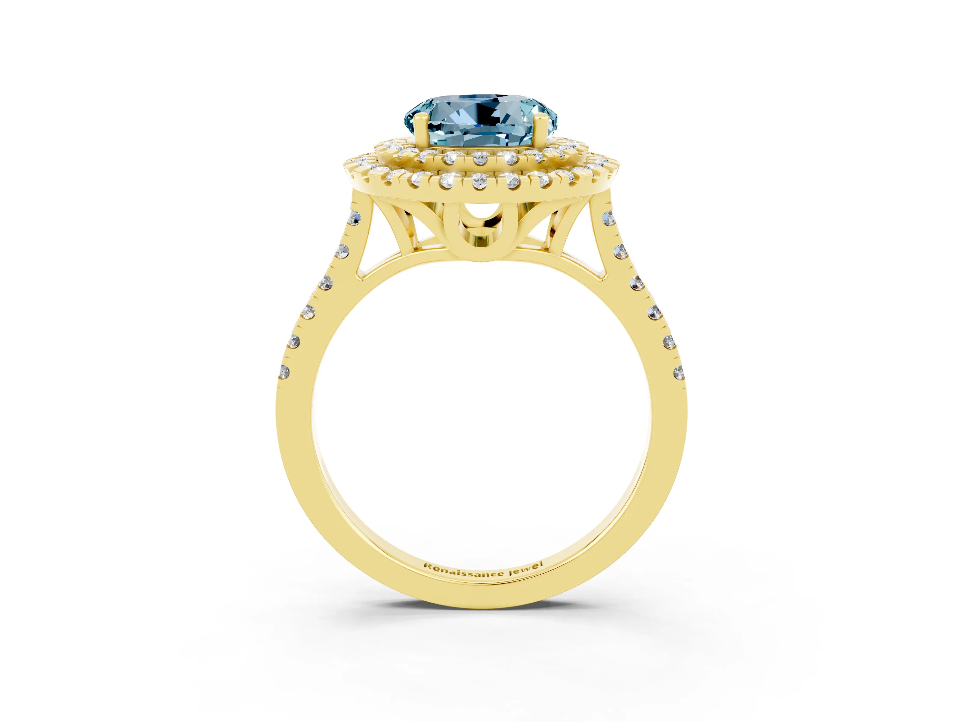 Yellow gold Double Halo Round Cut Aquamarine Pavé Band with Four-Prong Setting_3