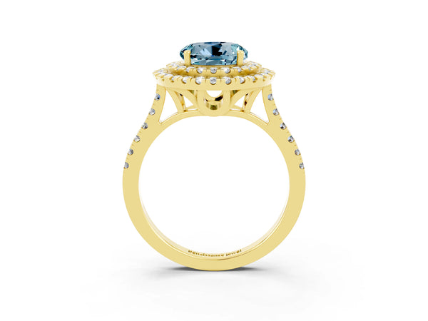 Yellow gold Double Halo Round Cut Aquamarine Pavé Band with Four-Prong Setting