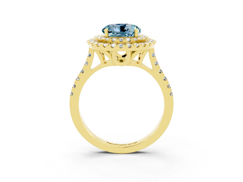 Yellow gold Double Halo Round Cut Aquamarine Pavé Band with Four-Prong Setting_3
