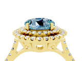 Yellow gold Double Halo Round Cut Aquamarine Pavé Band with Four-Prong Setting_4