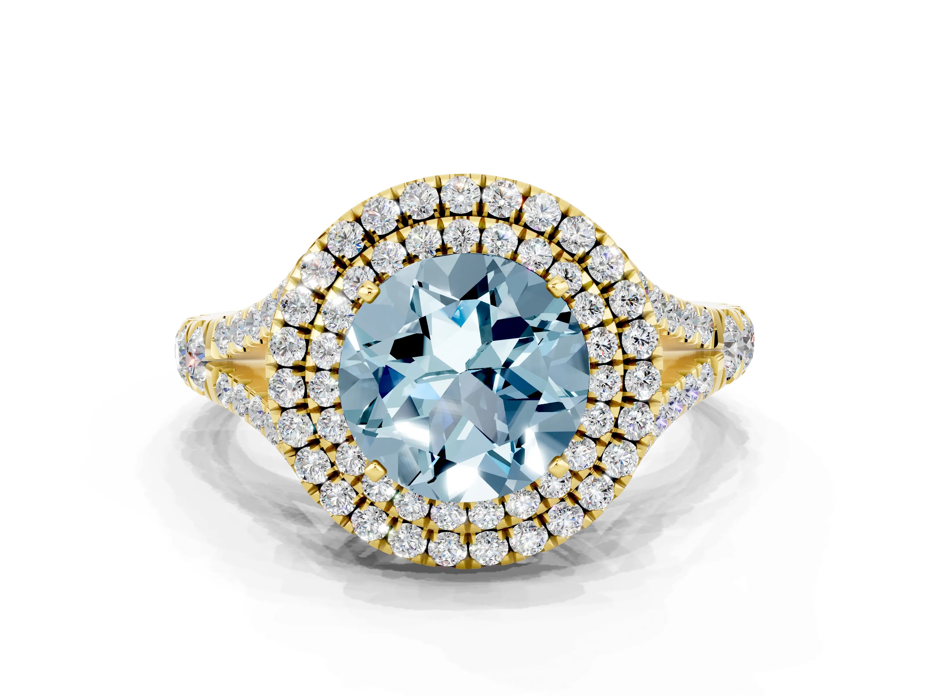 Yellow gold Double Halo Round Cut Aquamarine Pavé Split Shank Ring with Prong Setting