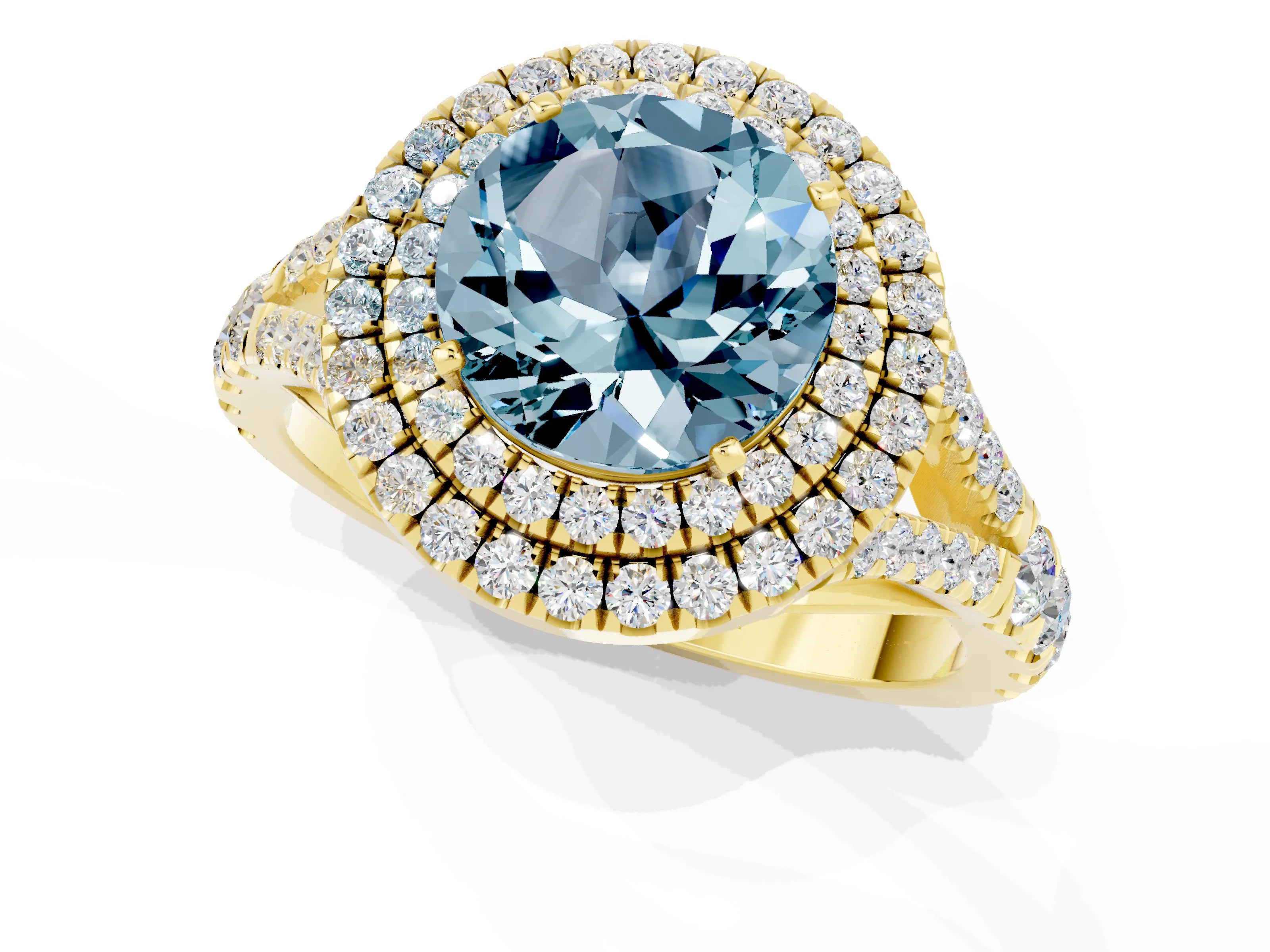 Yellow gold Double Halo Round Cut Aquamarine Pavé Split Shank Ring with Prong Setting_1