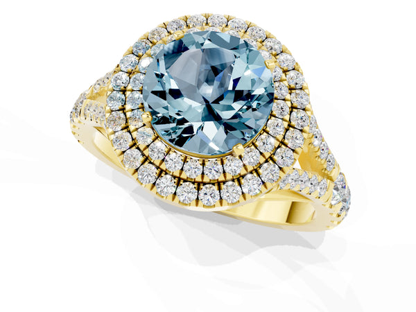 Yellow gold Double Halo Round Cut Aquamarine Pavé Split Shank Ring with Prong Setting
