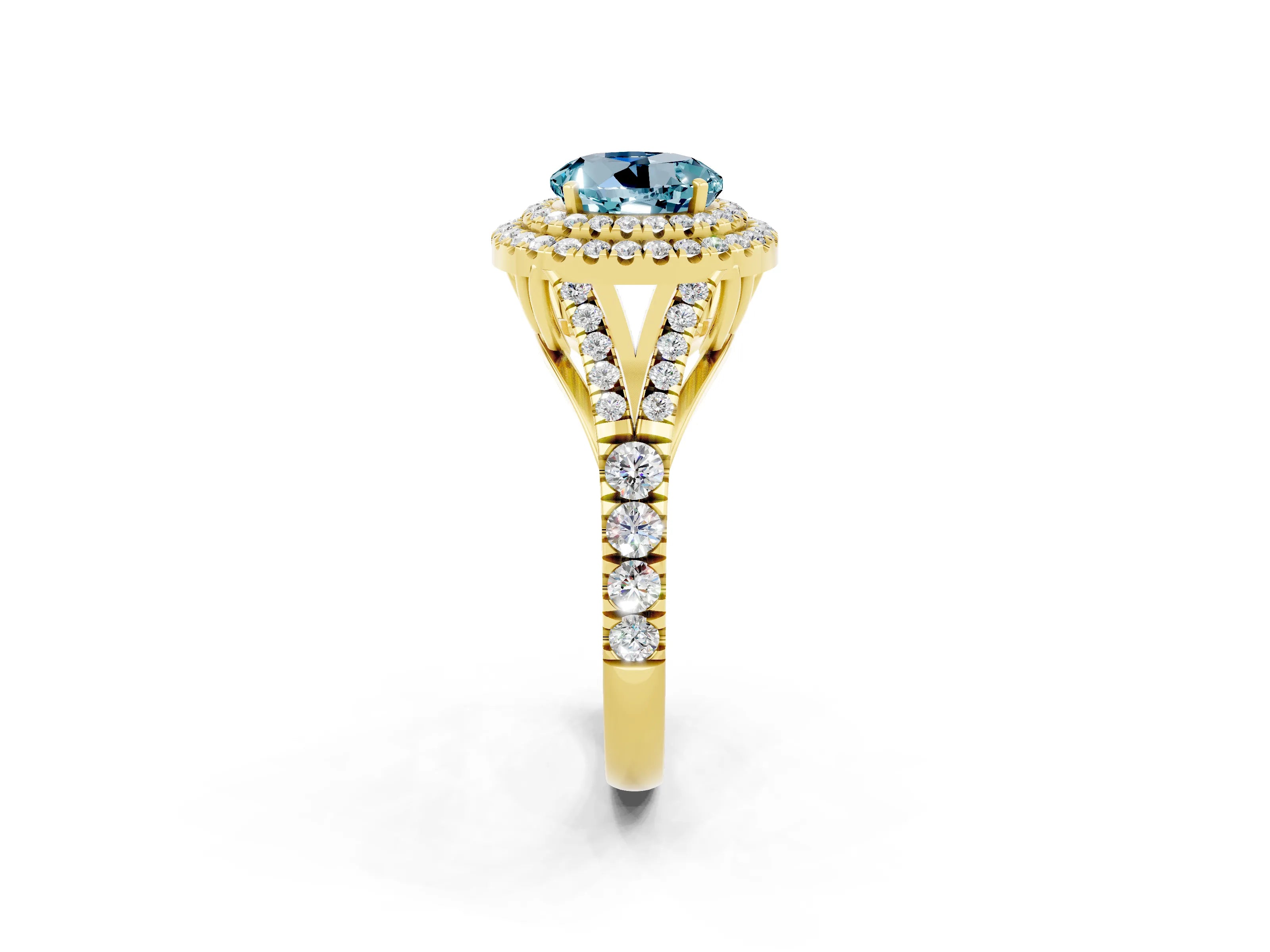 Yellow gold Double Halo Round Cut Aquamarine Pavé Split Shank Ring with Prong Setting_2