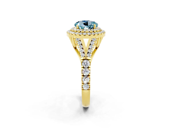 Yellow gold Double Halo Round Cut Aquamarine Pavé Split Shank Ring with Prong Setting