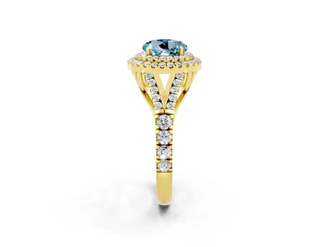Yellow gold Double Halo Round Cut Aquamarine Pavé Split Shank Ring with Prong Setting_2