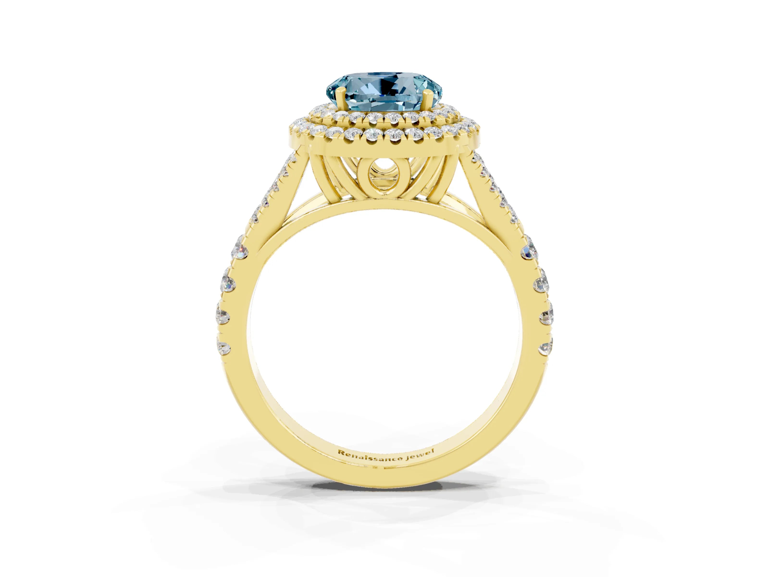 Yellow gold Double Halo Round Cut Aquamarine Pavé Split Shank Ring with Prong Setting_3