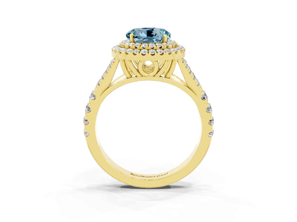 Yellow gold Double Halo Round Cut Aquamarine Pavé Split Shank Ring with Prong Setting