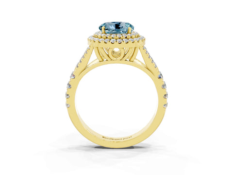 Yellow gold Double Halo Round Cut Aquamarine Pavé Split Shank Ring with Prong Setting_3