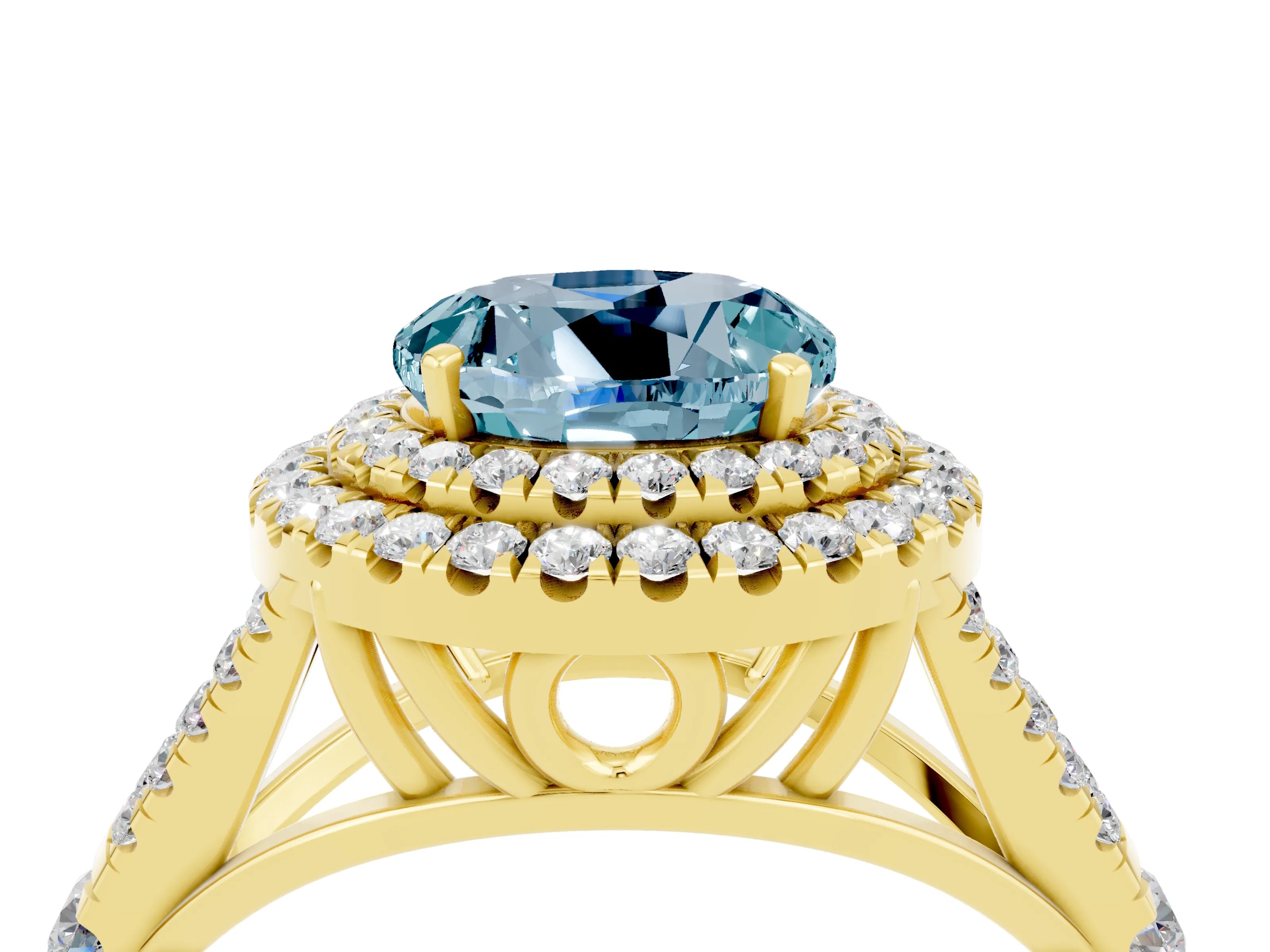 Yellow gold Double Halo Round Cut Aquamarine Pavé Split Shank Ring with Prong Setting_4