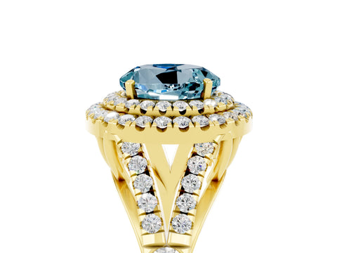 Yellow gold Double Halo Round Cut Aquamarine Pavé Split Shank Ring with Prong Setting_5