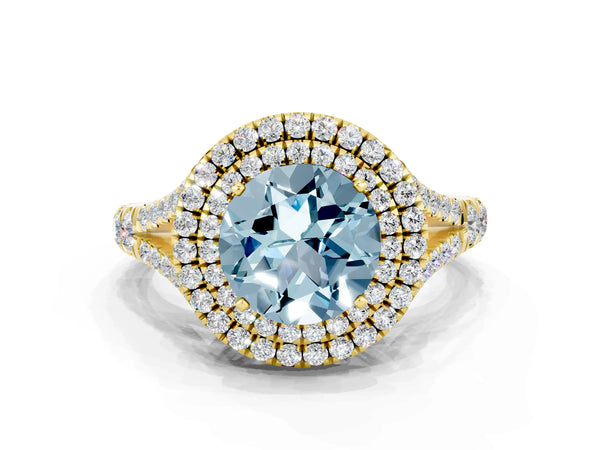 Yellow gold Double Halo Round Cut Aquamarine Split Shank Engagement Ring with Four-Prong Setting