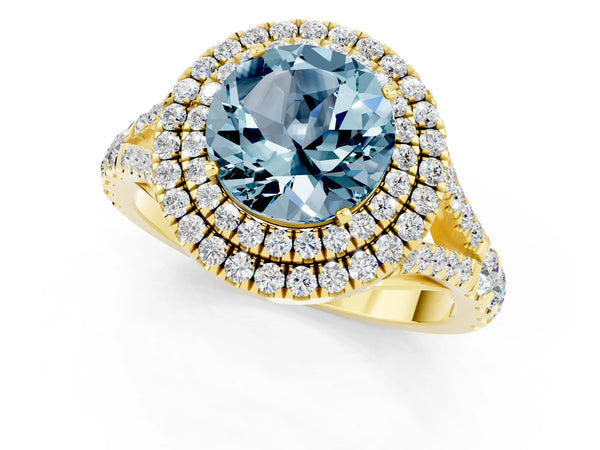 Yellow gold Double Halo Round Cut Aquamarine Split Shank Engagement Ring with Four-Prong Setting