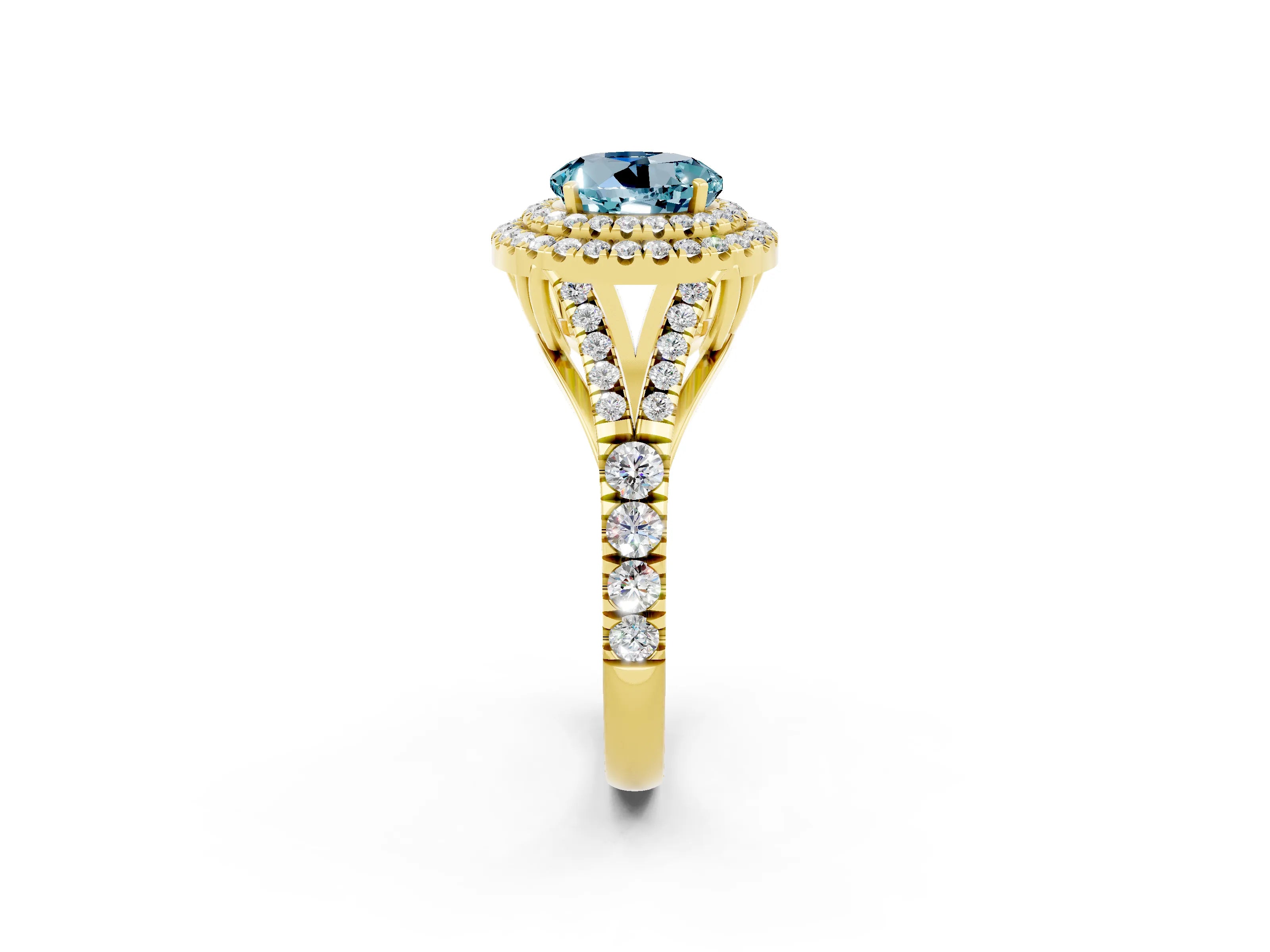 Yellow gold Double Halo Round Cut Aquamarine Split Shank Engagement Ring with Four-Prong Setting_2