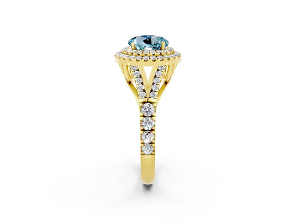 Yellow gold Double Halo Round Cut Aquamarine Split Shank Engagement Ring with Four-Prong Setting