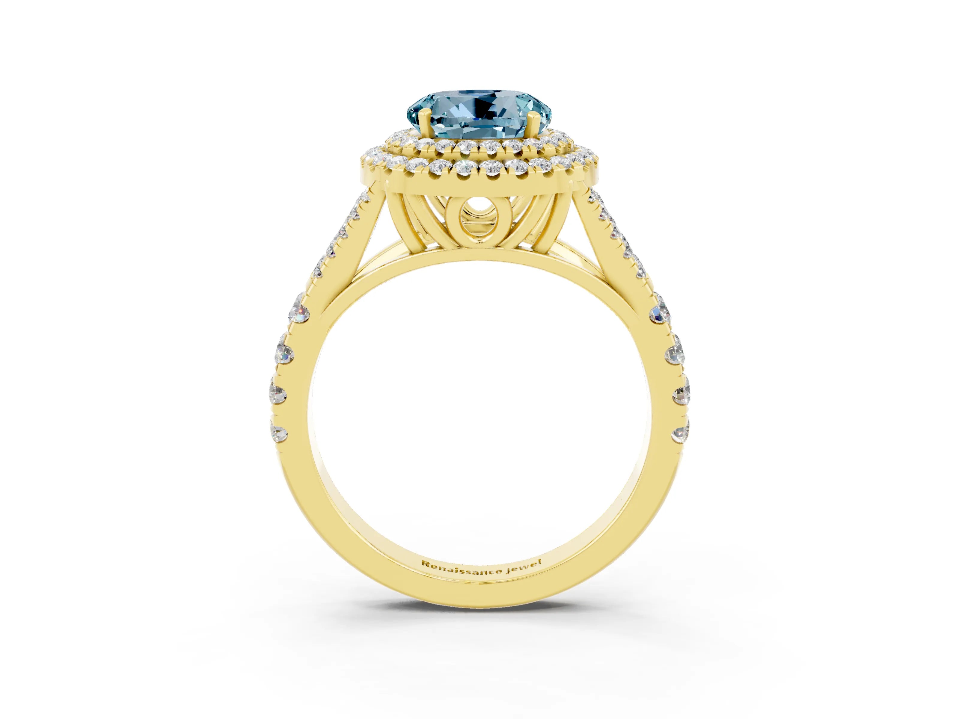 Yellow gold Double Halo Round Cut Aquamarine Split Shank Engagement Ring with Four-Prong Setting_3
