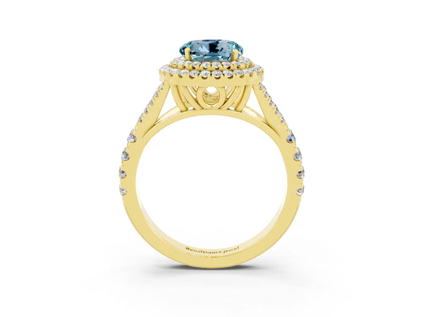 Yellow gold Double Halo Round Cut Aquamarine Split Shank Engagement Ring with Four-Prong Setting