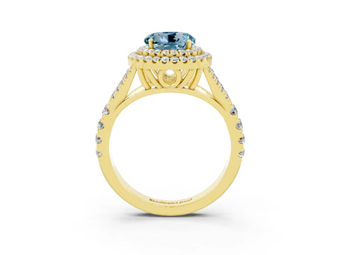 Yellow gold Double Halo Round Cut Aquamarine Split Shank Engagement Ring with Four-Prong Setting_3