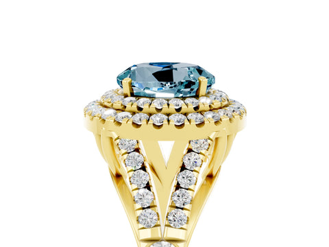 Yellow gold Double Halo Round Cut Aquamarine Split Shank Engagement Ring with Four-Prong Setting_5