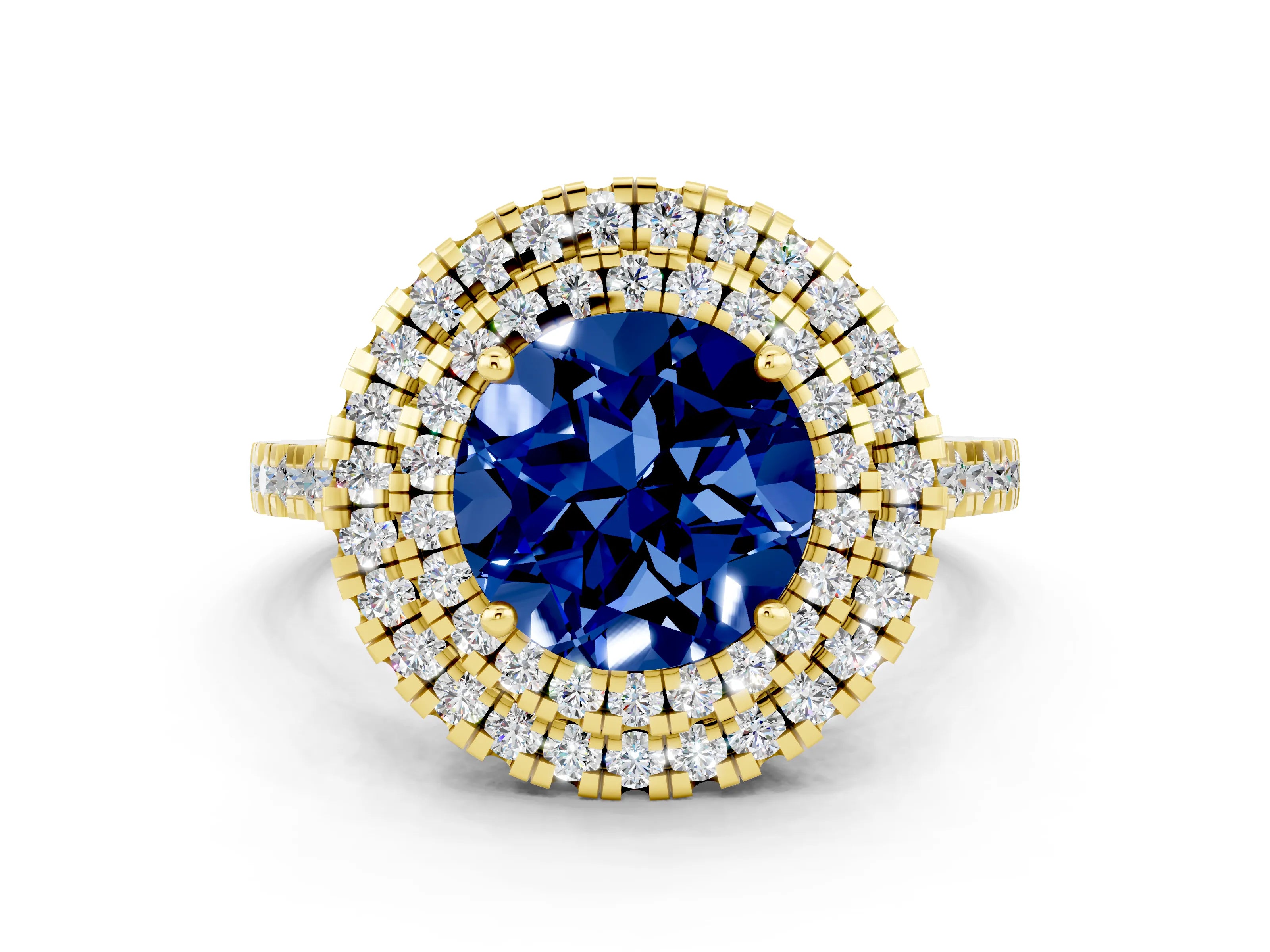 Yellow gold Double Halo Round Cut Blue Sapphire Pavé Band with Four-Prong Setting