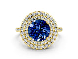 Yellow gold Double Halo Round Cut Blue Sapphire Pavé Band with Four-Prong Setting