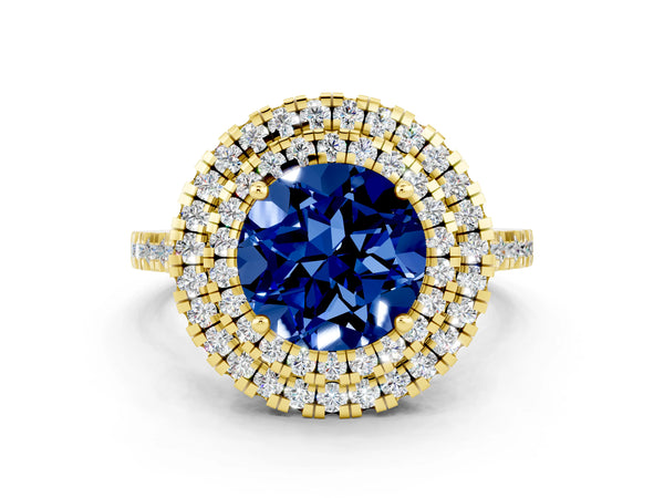 Yellow gold Double Halo Round Cut Blue Sapphire Pavé Band with Four-Prong Setting