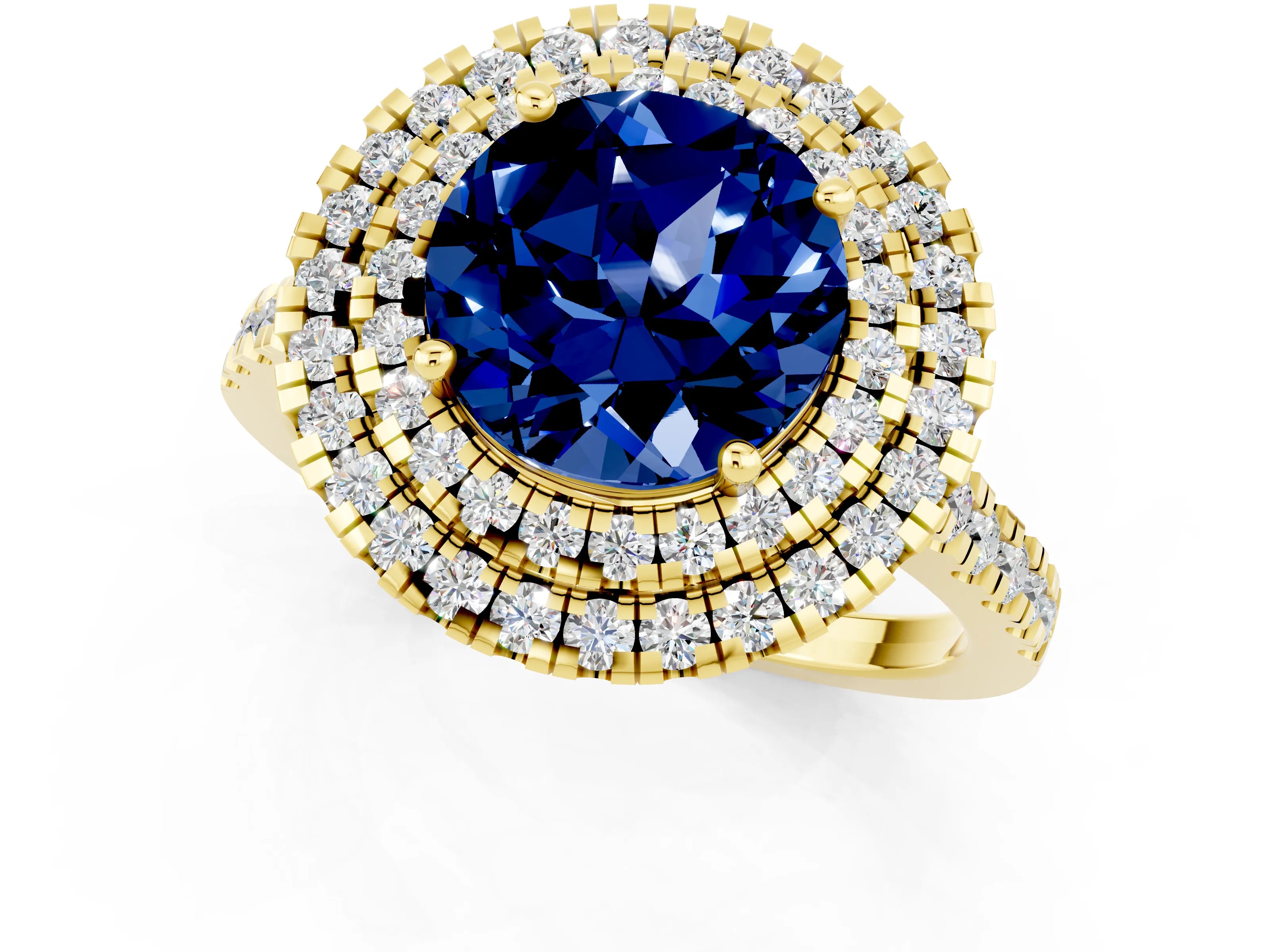 Yellow gold Double Halo Round Cut Blue Sapphire Pavé Band with Four-Prong Setting_1