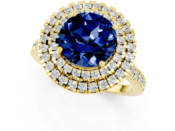 Yellow gold Double Halo Round Cut Blue Sapphire Pavé Band with Four-Prong Setting