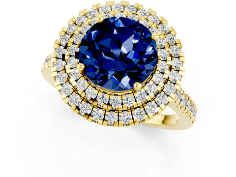 Yellow gold Double Halo Round Cut Blue Sapphire Pavé Band with Four-Prong Setting_1
