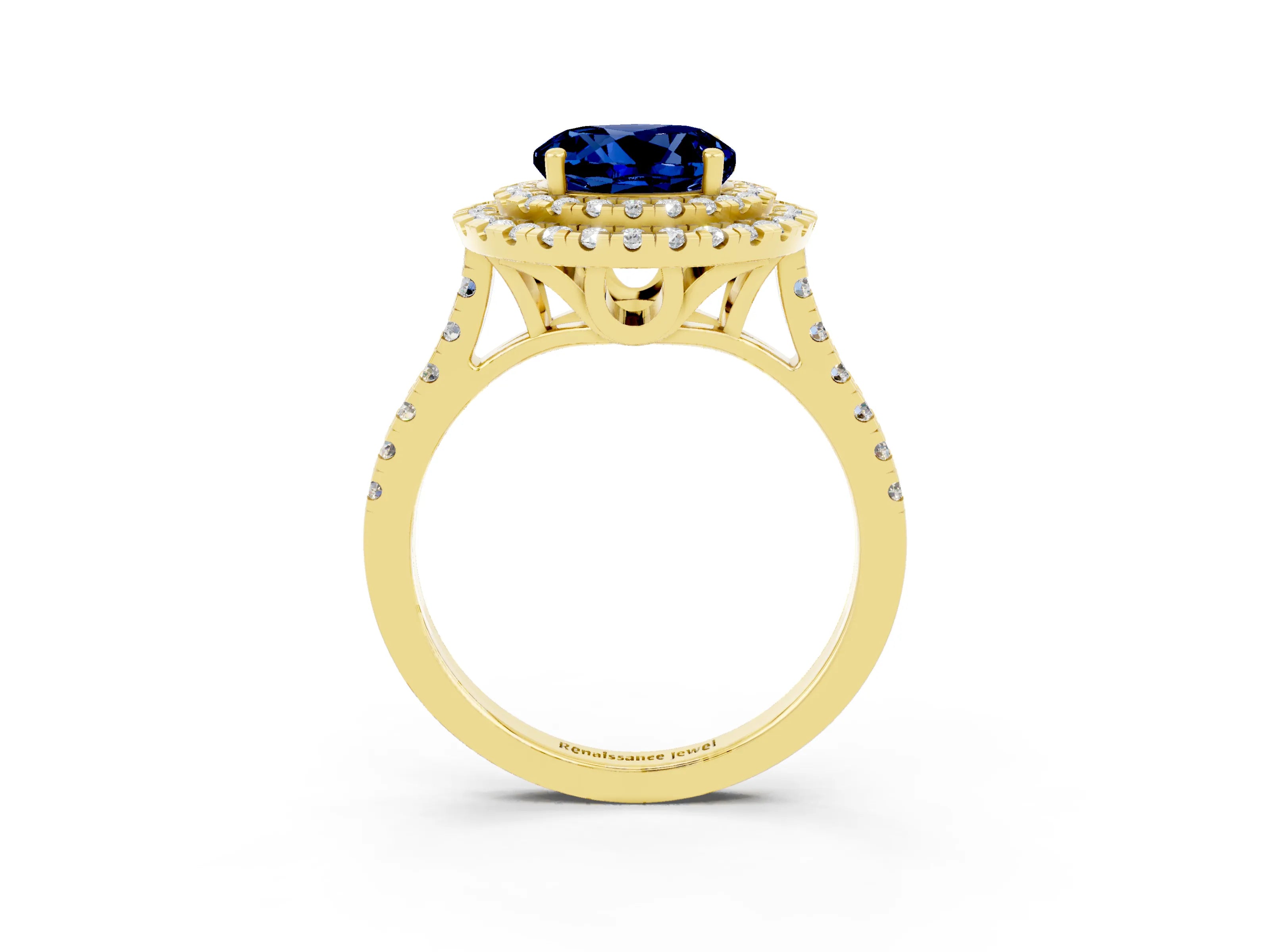 Yellow gold Double Halo Round Cut Blue Sapphire Pavé Band with Four-Prong Setting_3