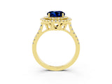 Yellow gold Double Halo Round Cut Blue Sapphire Pavé Band with Four-Prong Setting_3
