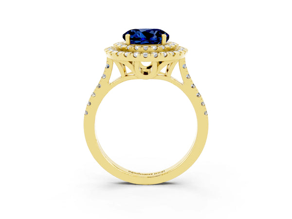 Yellow gold Double Halo Round Cut Blue Sapphire Pavé Band with Four-Prong Setting