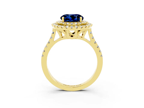 Yellow gold Double Halo Round Cut Blue Sapphire Pavé Band with Four-Prong Setting_3