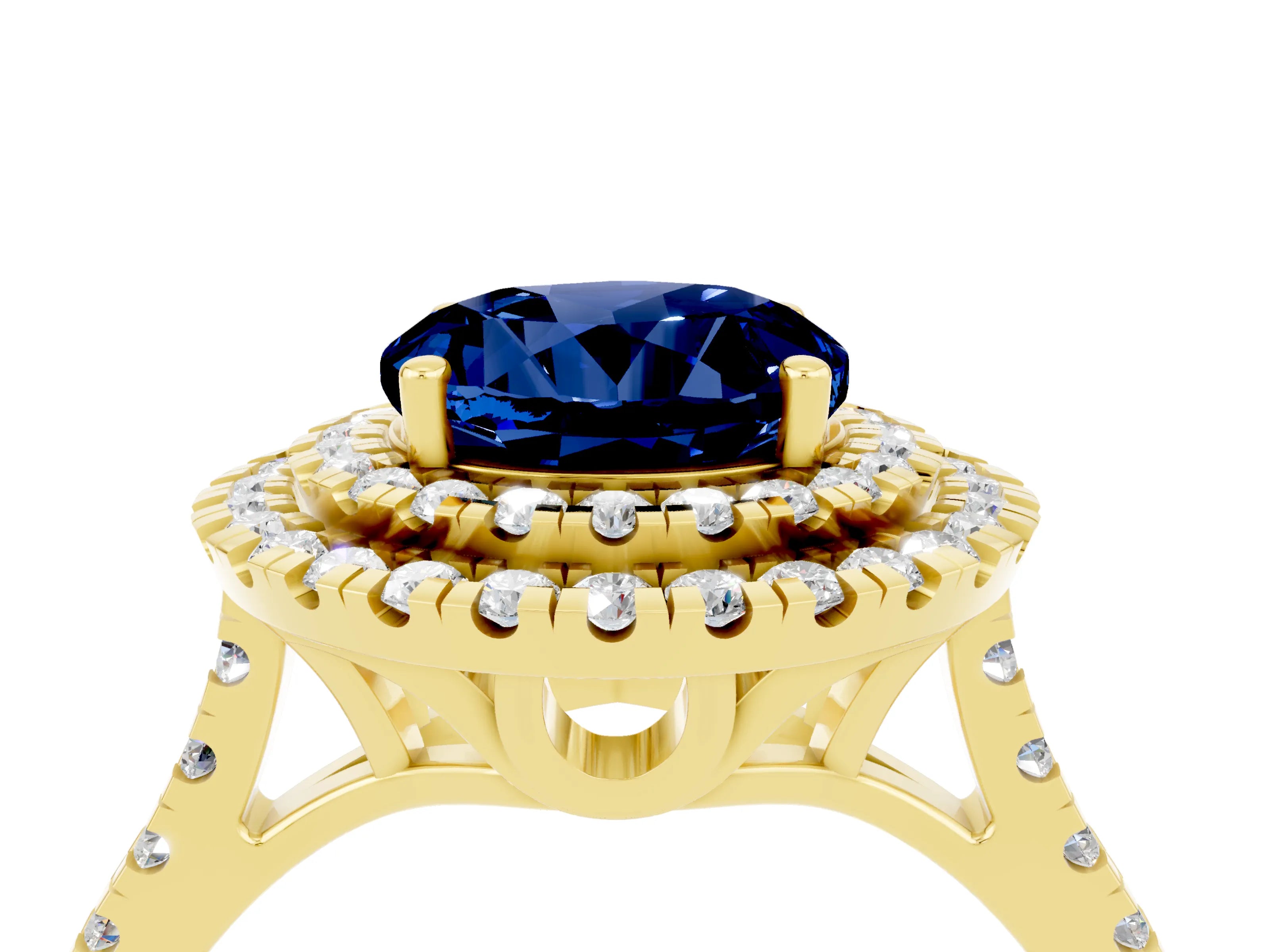 Yellow gold Double Halo Round Cut Blue Sapphire Pavé Band with Four-Prong Setting_4