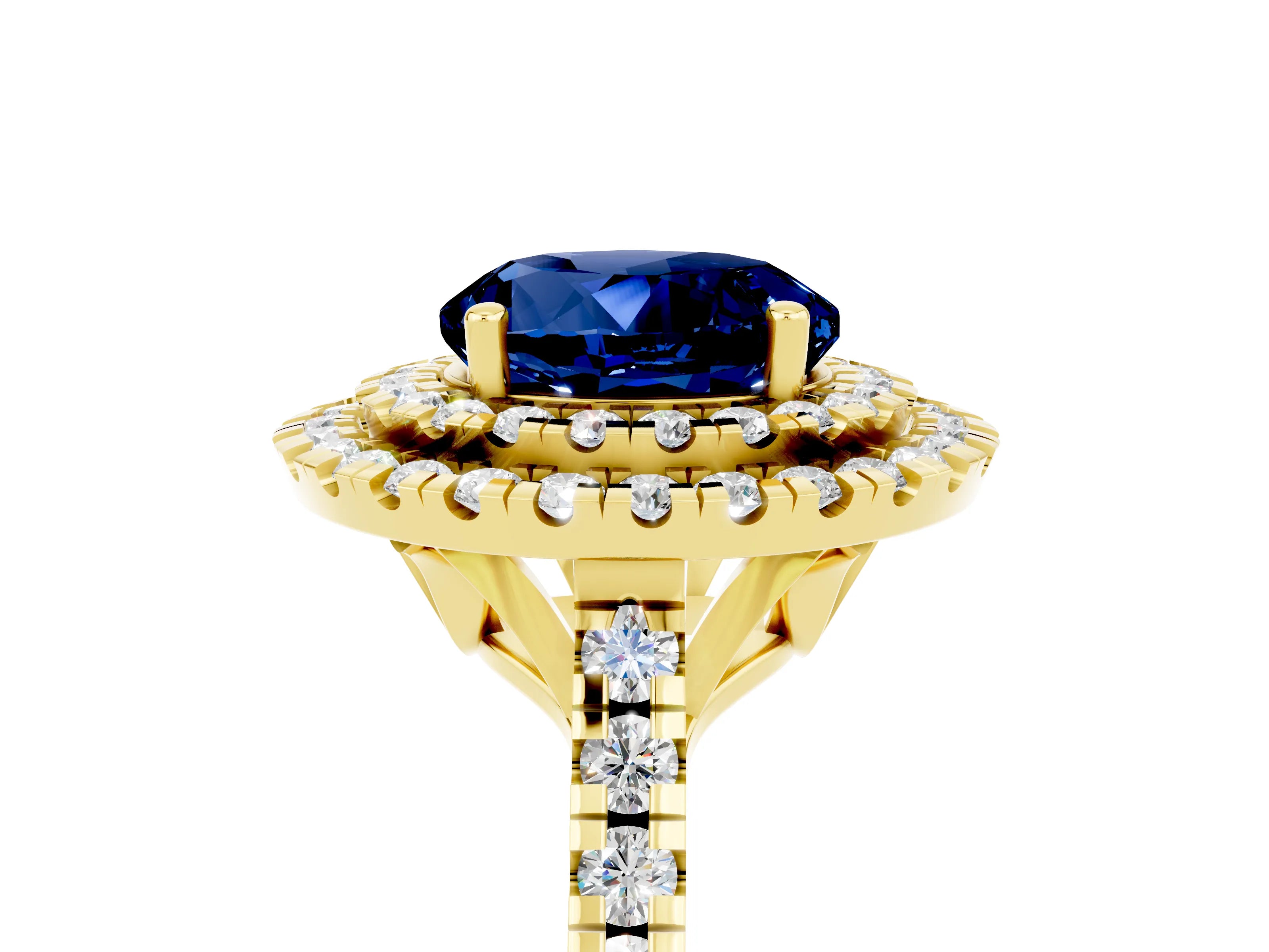 Yellow gold Double Halo Round Cut Blue Sapphire Pavé Band with Four-Prong Setting_5