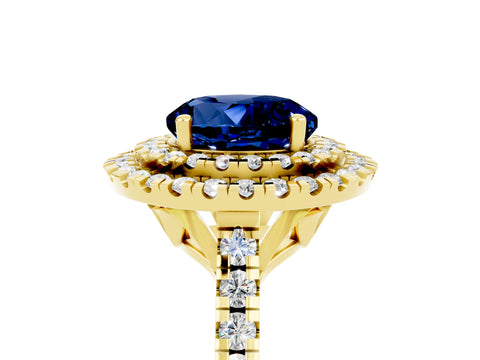 Yellow gold Double Halo Round Cut Blue Sapphire Pavé Band with Four-Prong Setting_5