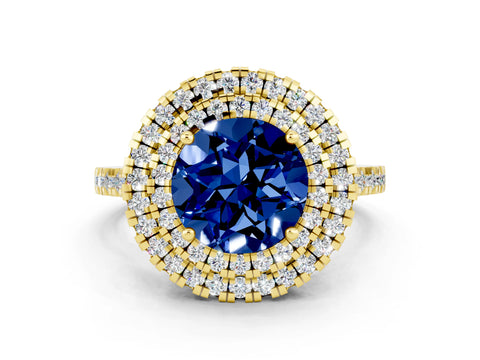 Yellow gold Double Halo Round Cut Blue Sapphire Pavé Band with Four-Prong Setting