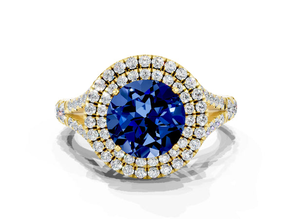 Yellow gold Double Halo Round Cut Blue Sapphire Pavé Split Shank Ring with Prong Setting