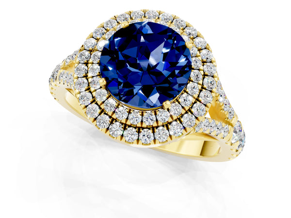 Yellow gold Double Halo Round Cut Blue Sapphire Pavé Split Shank Ring with Prong Setting