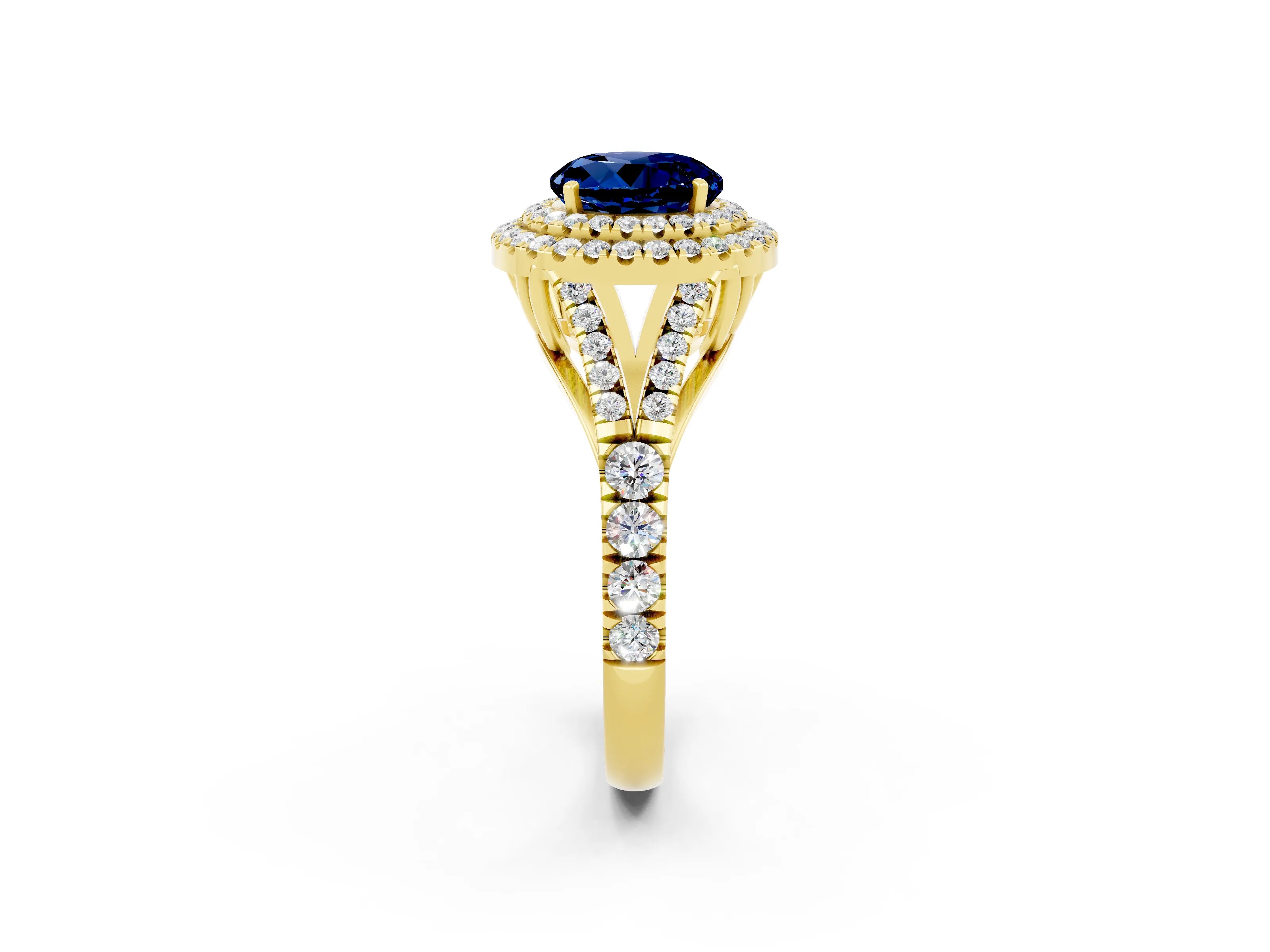 Yellow gold Double Halo Round Cut Blue Sapphire Pavé Split Shank Ring with Prong Setting_2