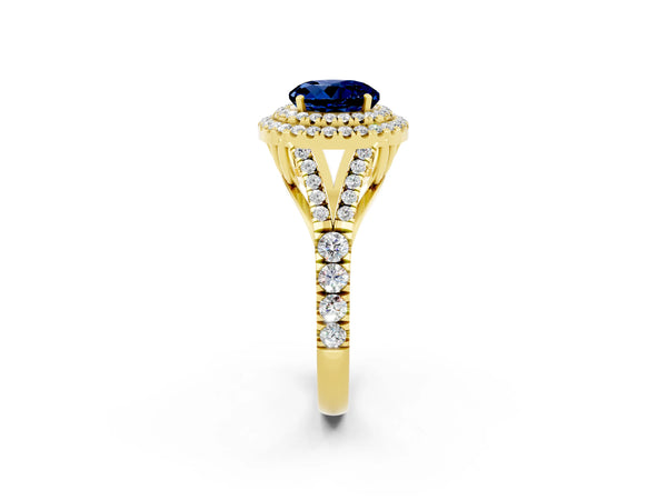 Yellow gold Double Halo Round Cut Blue Sapphire Pavé Split Shank Ring with Prong Setting